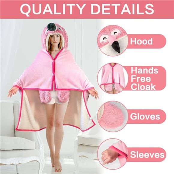 Flamingo Wearable Hooded Blanket for Adults – Fuzzy Super Soft Warm Cozy Plush - Picture 3 of 7